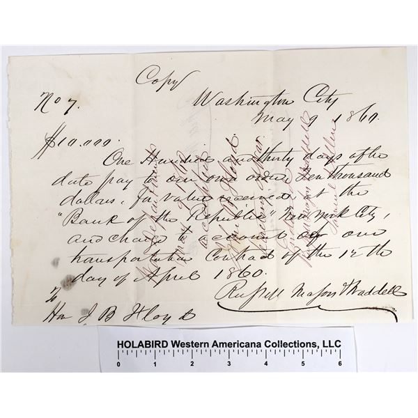 Russel Major & Waddell Signed Pony Express War Department Loan Note re:  Indian Bond Scandal    [155