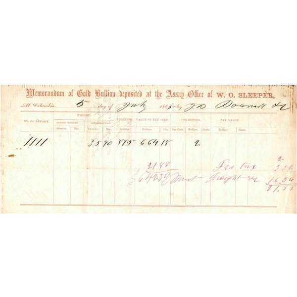 W.O. Sleeper - Gold Receipt, rec'd from Dounall & Co. (RARE!)  [169255]