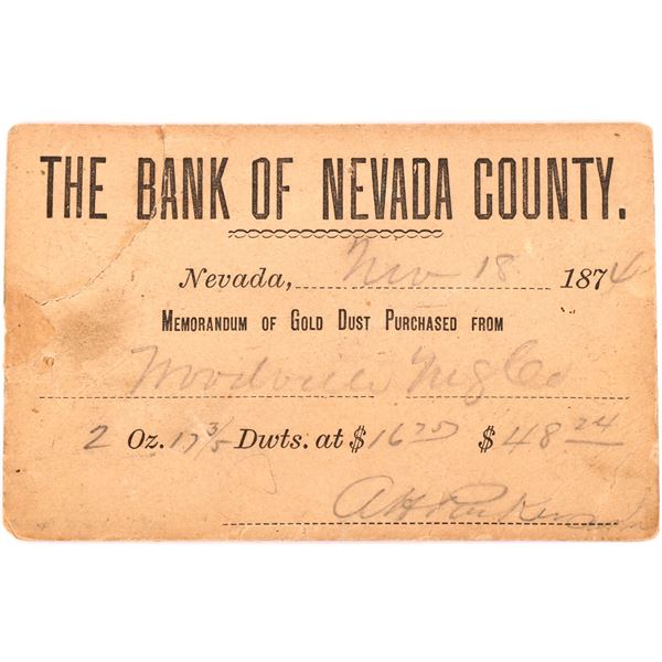 Bank of Nevada County - Gold Dust Receipt, rec'd from Woodville Niglee  [169270]