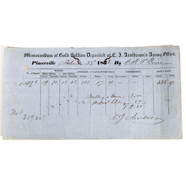 CJ Arvidsson's Assay Office Memorandum, Placerville  [158071]