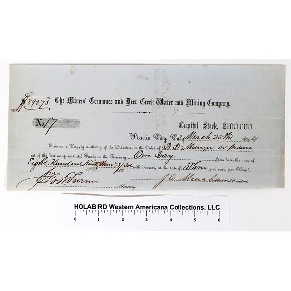 Miners' Consumnes & Deer Creek Water & Mining Co. Promissory Note, Prairie City  [155329]