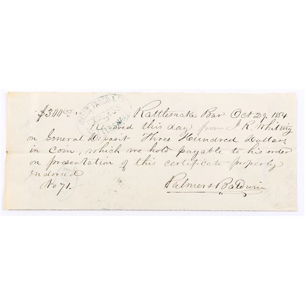 Rattlesnake Bar - Gold Receipt, signed by Palmer & Baldwin  [169230]