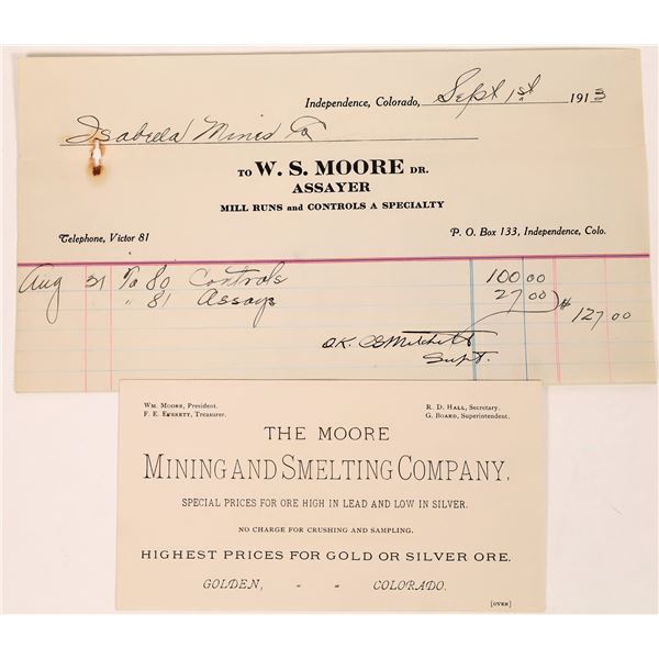 W. S. Moore Assay Billhead and Business Card (Golden & Independence)  [123641]