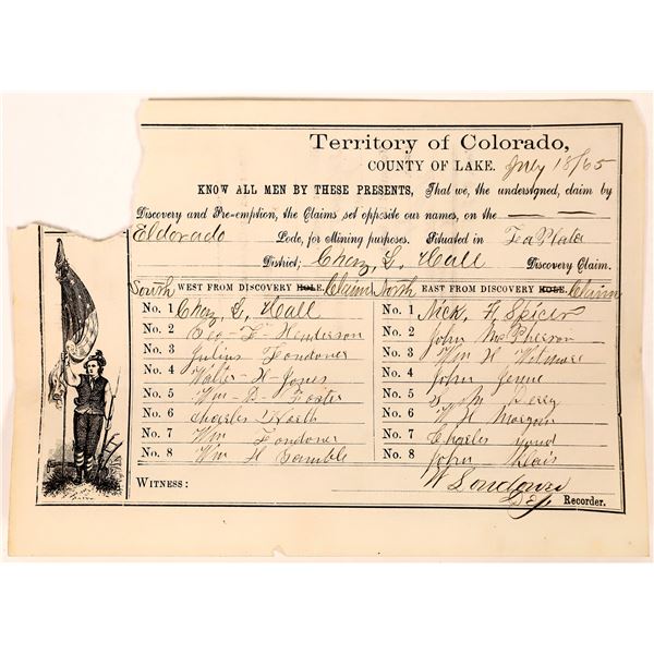 Claims Report for the Eldorado Lode, Colorado Territory, 1865  [123573]