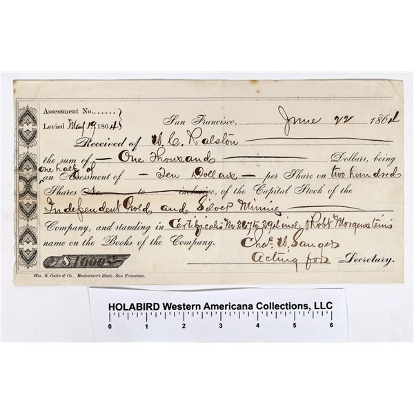 Territorial Assessment Receipt for WC Ralston in Nevada Mine  [155357]