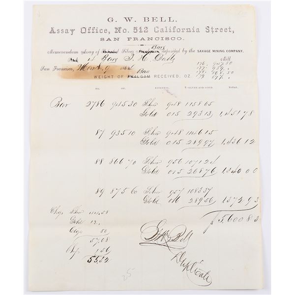 G.W. Bell Assay Office - Silver Bars Receipt, rec'd from Dalls Mill, Franktown, NV  [169261]