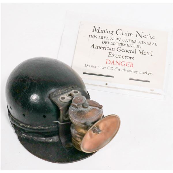 Miner's Barta Leather Helmet with Autolite Lamp & Mining Sign  [168930]