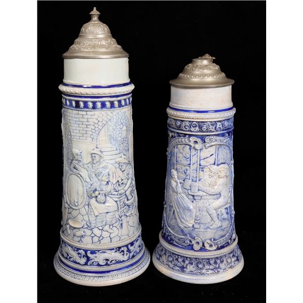 German Large Gray/Blue Beer Steins Pair  [170114]