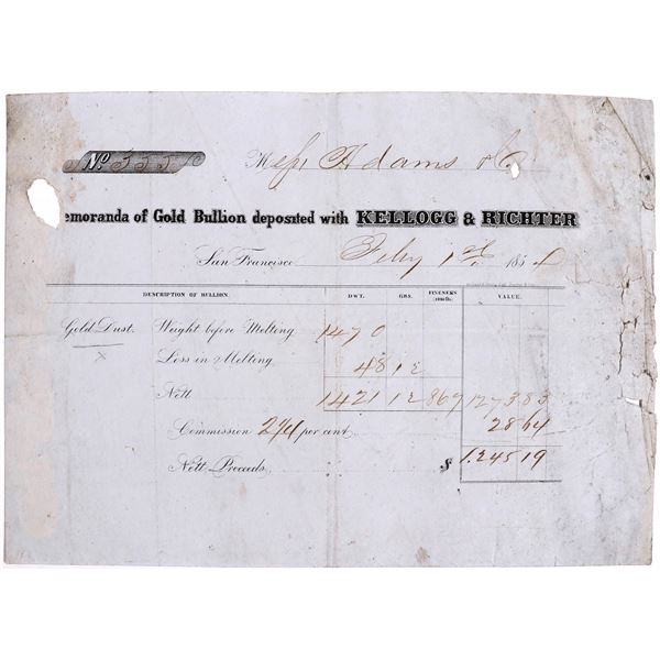 Kellogg & Richter Bullion Receipt, of Kellogg & Co. $20 Private Gold Coins  [169409]