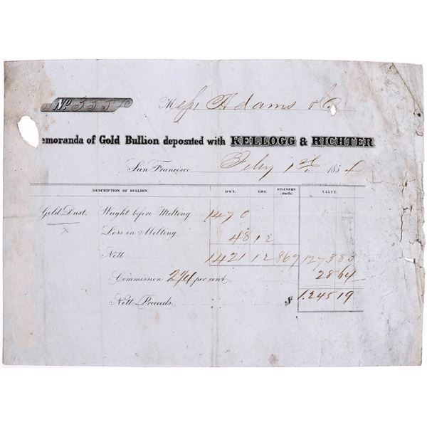 Kellogg & Richter Bullion Receipt, of Kellogg & Co. $20 Private Gold Coins  [169409]