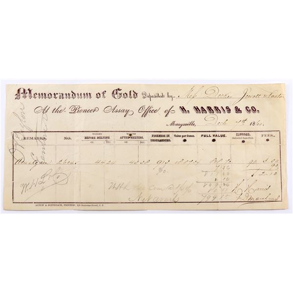 H. Harris & Co. Pioneer Assay Office - Gold Receipt, rec'd from Bankers Cadwalader Co.  [169243]