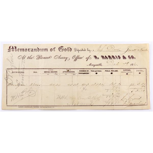 H. Harris & Co. Pioneer Assay Office - Gold Receipt, rec'd from Bankers Cadwalader Co.  [169243]