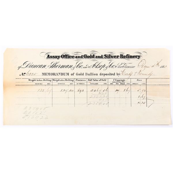 Duncan, Sherman, & Co. and Alsop & Co. - Gold Receipt, rec'd from Hardy & Kennedy  [169249]