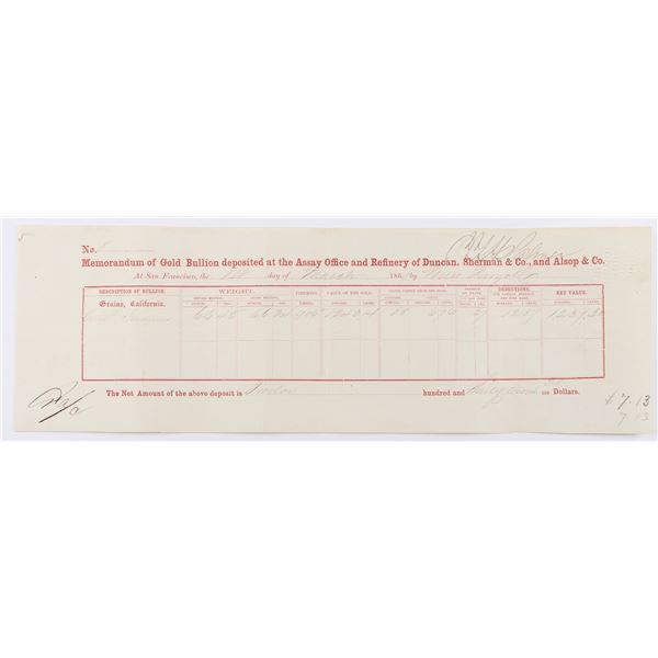 Duncan, Sherman, & Co. and Alsop & Co. - Gold Receipt, rec'd from W.F. c/o C.T.H. Palmer - w/Iridium