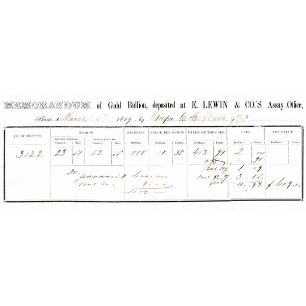 E. Lewin & Co. Assay Office - Gold Bullion Receipt, rec'd from C.C. Bush  [163555]