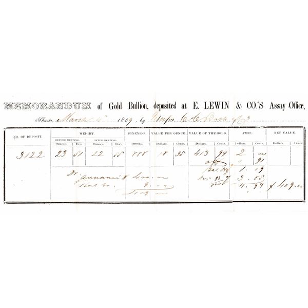 E. Lewin & Co. Assay Office - Gold Bullion Receipt, rec'd from C.C. Bush  [163555]