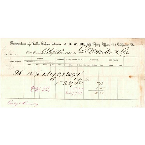 G.W. Bell Assay Office - Gold Receipt, rec'd from D.O. Mills  [169258]