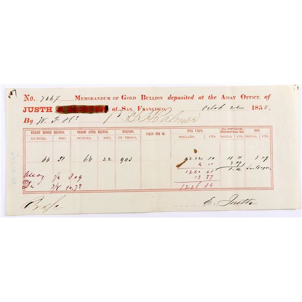 Justh Assay Office - Gold Receipt, rec'd from W.F. c/o C.T.H. Palmer  [169244]