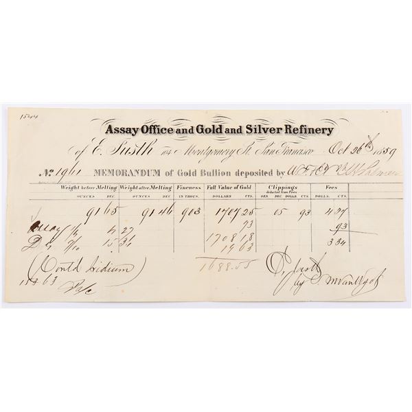 Justh Assay Office - Gold Receipt, rec'd from W.F. c/o C.T.H. Palmer - w/Iridium  [169247]