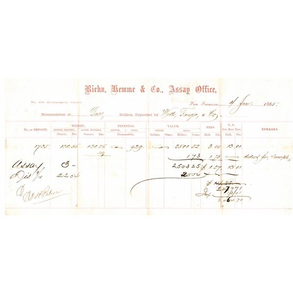 Riehn, Hemme & Co Assay Office - Gold Receipt, rec'd from W.F. & Co.  [163554]