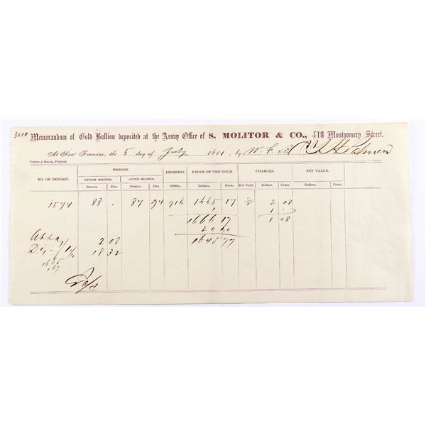 S. Molitor & Co. - Gold Receipt, rec'd from W.F. c/o C.T.H. Palmer  [169253]