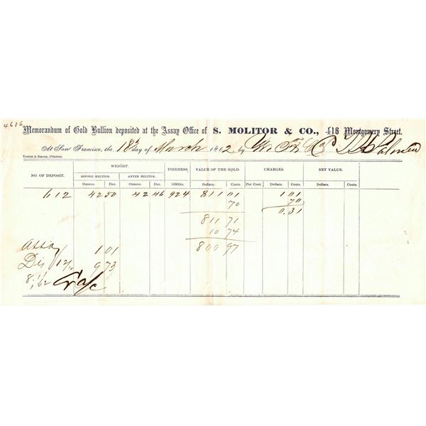 S. Molitor & Co. - Gold Receipt, rec'd from W.F. c/o C.T.H. Palmer  [169252]