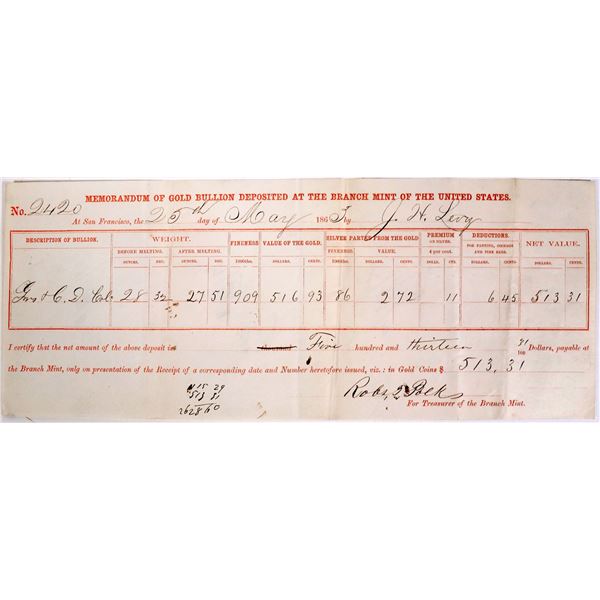 San Francisco Mint Receipt for Gold From Colorado! 1863  [170601]