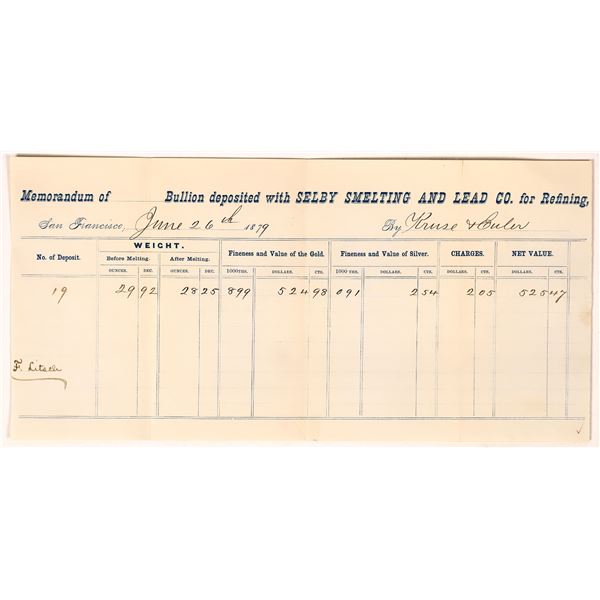 Selby Smelting & Lead Co. - Bullion Receipt, rec'd from Kruse & Euler  [163572]