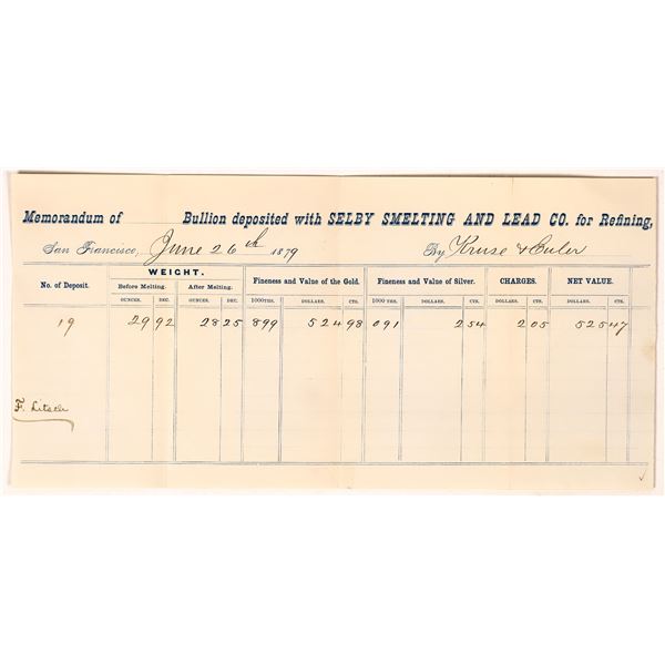 Selby Smelting & Lead Co. - Bullion Receipt, rec'd from Kruse & Euler  [163572]