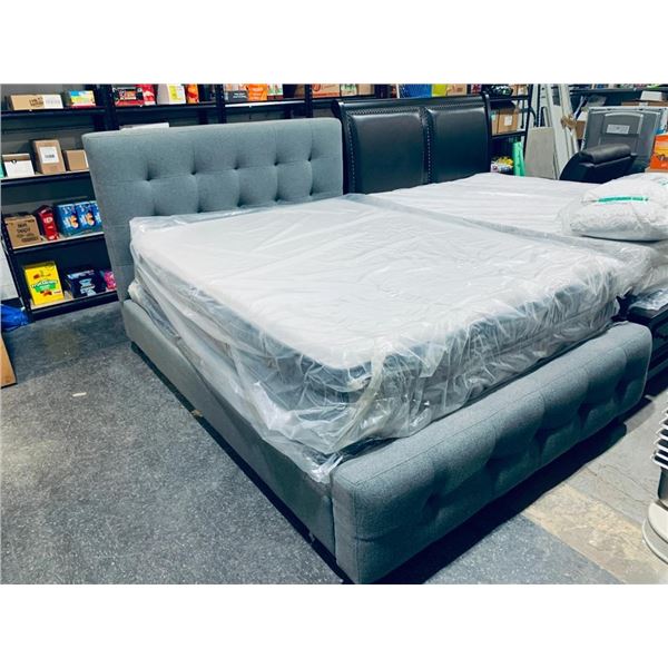 Queen Size grey overstuffed Fabric Bed Frame Set - INCLUDES CASPER MATTRESS & BOX SPRING