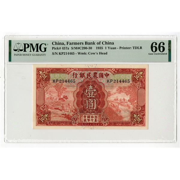 Farmers Bank of China. 1935, Issued Banknote. Only 12 Notes Grade Higher Out of 1165 Graded in the P