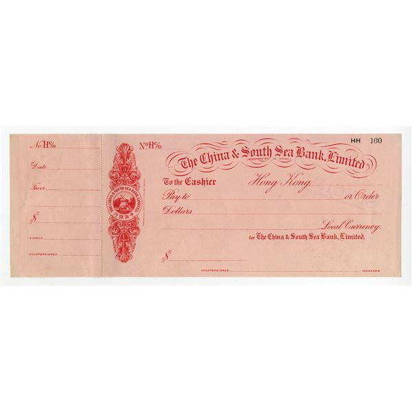 China & South Sea Bank Ltd., ND (ca.1920s), Waterlow & Sons Specimen Check