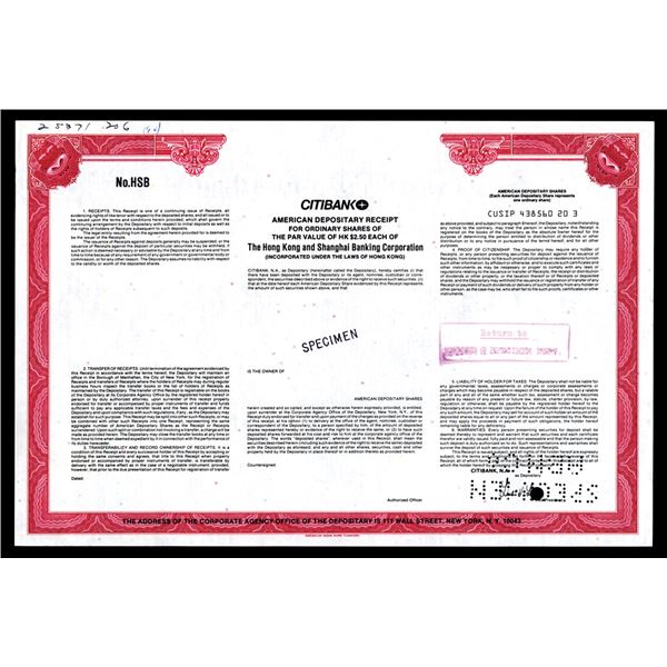 Hong Kong and Shanghai Banking Corp. ca. 1990s Specimen ADR Stock Certificate