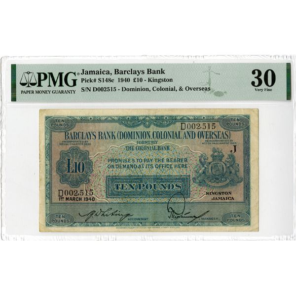 Jamaica. Barclays Bank,  Kingston  Branch, 1940 Issue Banknote