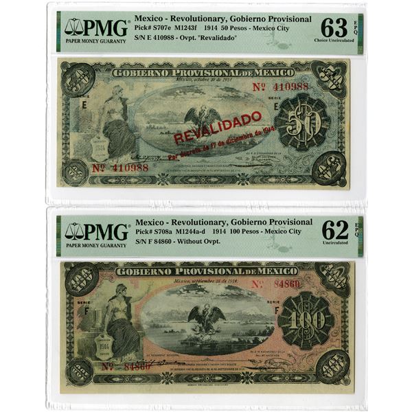 Gobierno Provisional de Mexico, 1914 Issued Banknote Pair Including a "Top Pop" Example.