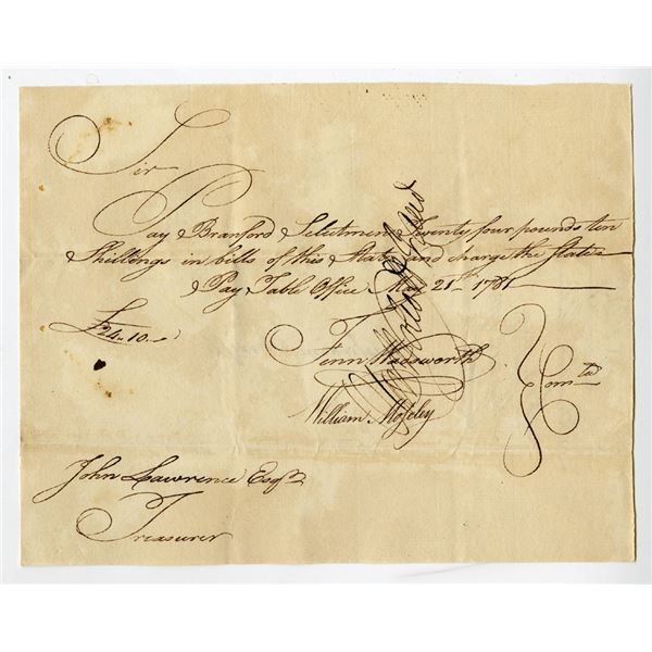 Revolutionary War Connecticut, 1781 Promissory Note Issued to Branford Selectmen