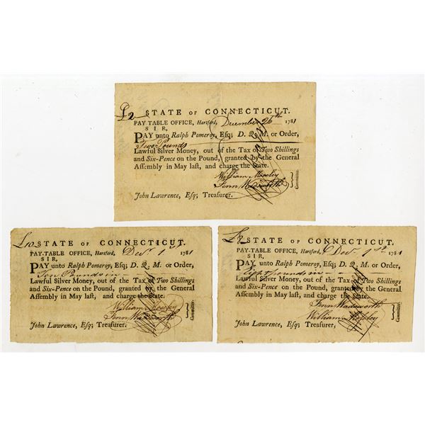 State of Connecticut, 1781 Pay-Table Office Lot of 3 Tax Warrants" Payable in Lawful Silver Money" S