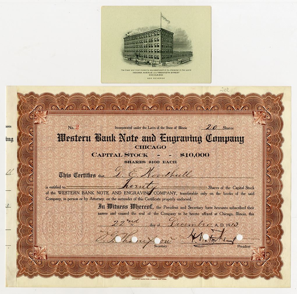 Bank Note Engaving Western Bank Note & Engraving Co., 1913 I/C Stock Certificate #2 with ...