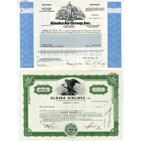 Alaska Air Group, Inc & Alaska Airlines, Inc., 1937 & 1991, Specimen Bond & Share Certificate Pair