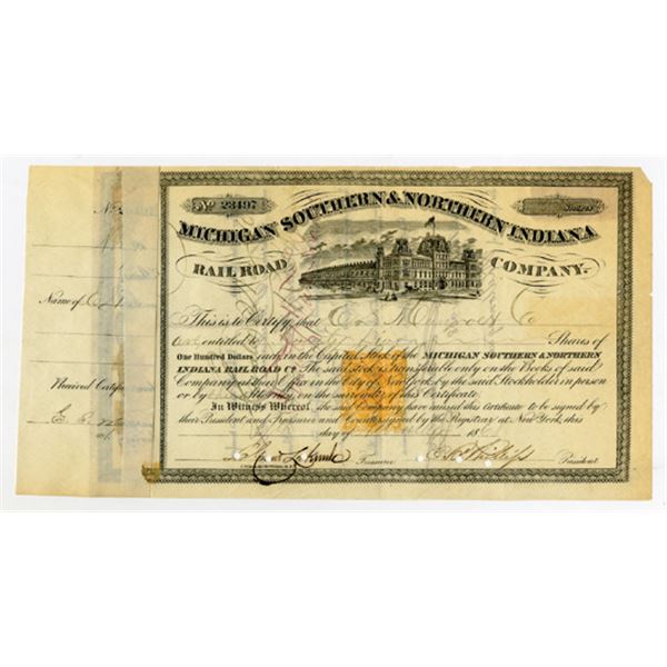 Michigan Southern and Northern Indiana Rail-Road Co. 1868 I/C Stock Certificate With 25 Cent Imprint