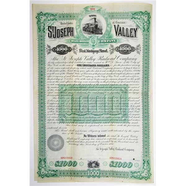 St. Joseph Valley Railroad Co. 1884 Specimen Bond Rarity