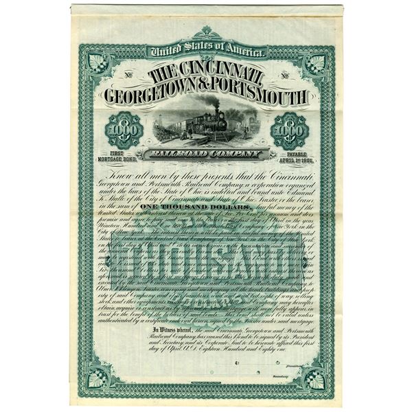 Cincinnati, Georgetown & Portsmouth Railroad Co., 1881 Specimen Bond.