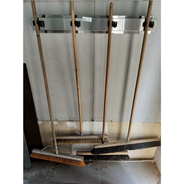 4 Assorted Shop Brooms wirh Chrome Rack