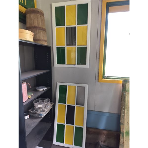 2 John Deere Coloured Wall/Window Decor (1 Wood Panel Missing) 25 1/2 Wide x 41 High