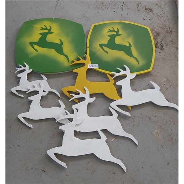2 Wooden John Deere Square Shop Decor 18 1/4 Wide x 16 1/2 High & 6 Wooden Deer Figures
