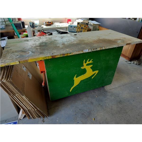 Large Wooden Shop Table with Attatched Extension Cord Reel on Wheels