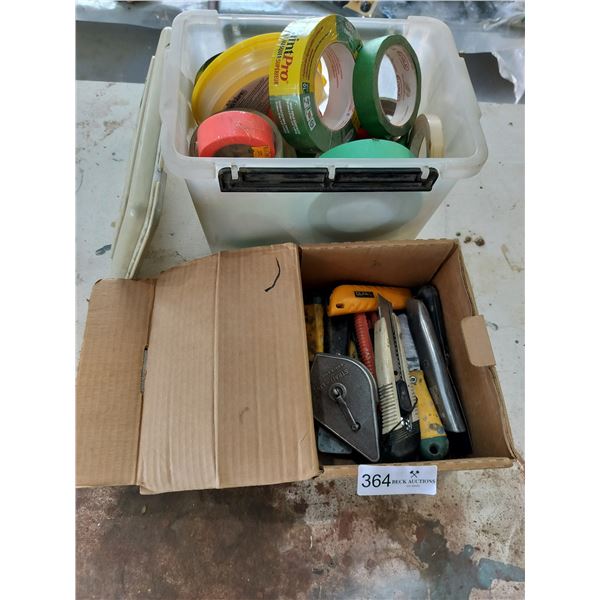 Bucket Of Assorted Tape & Utility Knives & More