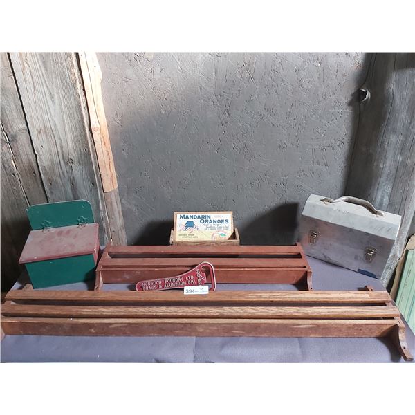 2 Vintage Wooden Shelves, Vintage Metal Lunch Box & More