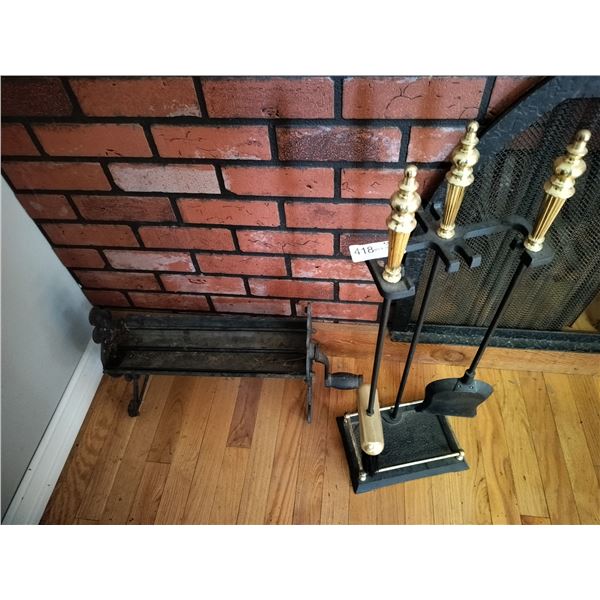 Set of Fireplace Tools & Vintage Newspaper Log Roller
