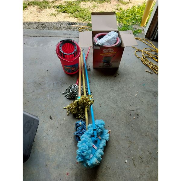 Brand New "The Ultimate Spin Mop" & Vileda Quick Wring Mop Bucket & Assortment of Mops